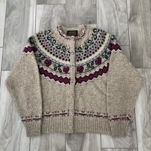 Vintage 1990 Eddie Bauer Fair Isle Wool Button Cardigan Sweater Women's Sz L